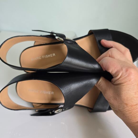 Marc Fisher Rana Wedge Platform Sandals Women's 8M Black Leather Cork Boho - Picture 12 of 12